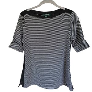 Lauren Ralph Lauren Striped Boatneck Top Black White Old Money Sz L Nautical